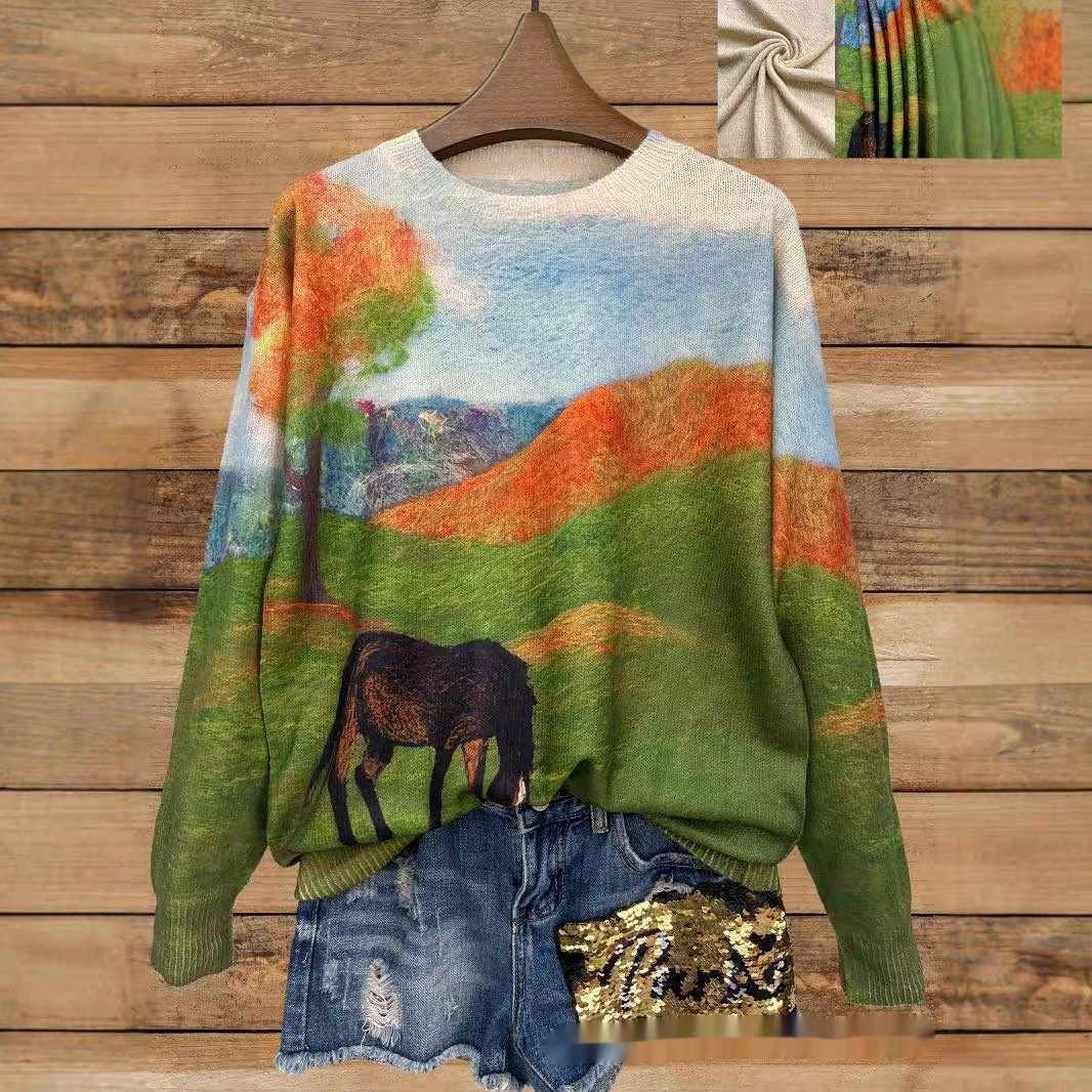 Title 6, Autumn Thin Printed Round Neck Long Sleeve Knit...