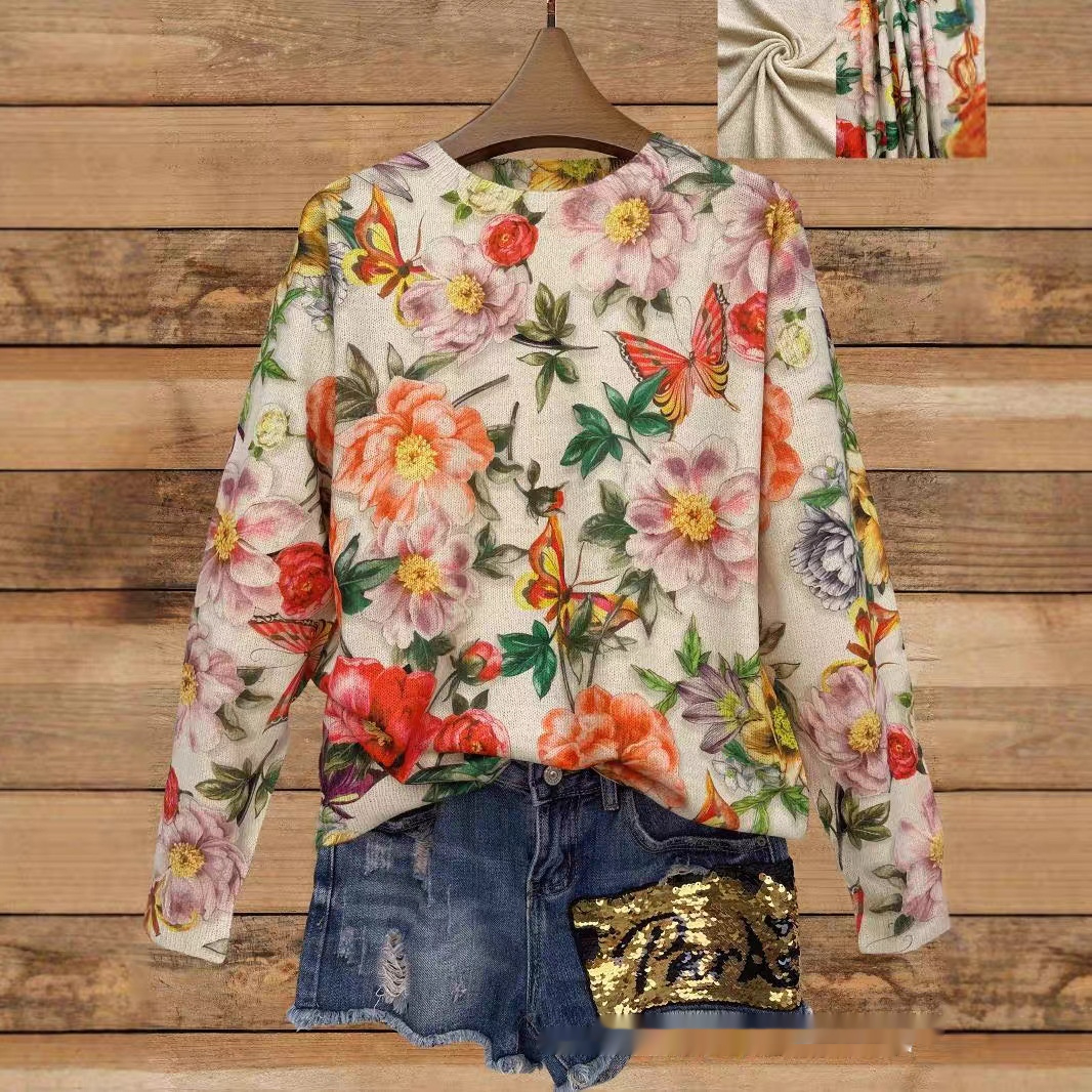 Title 4, Autumn Thin Printed Round Neck Long Sleeve Knit...