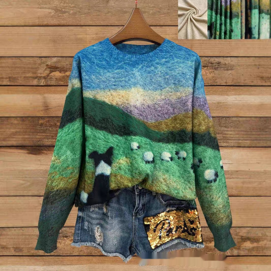 Title 1, Autumn Thin Printed Round Neck Long Sleeve Knit...