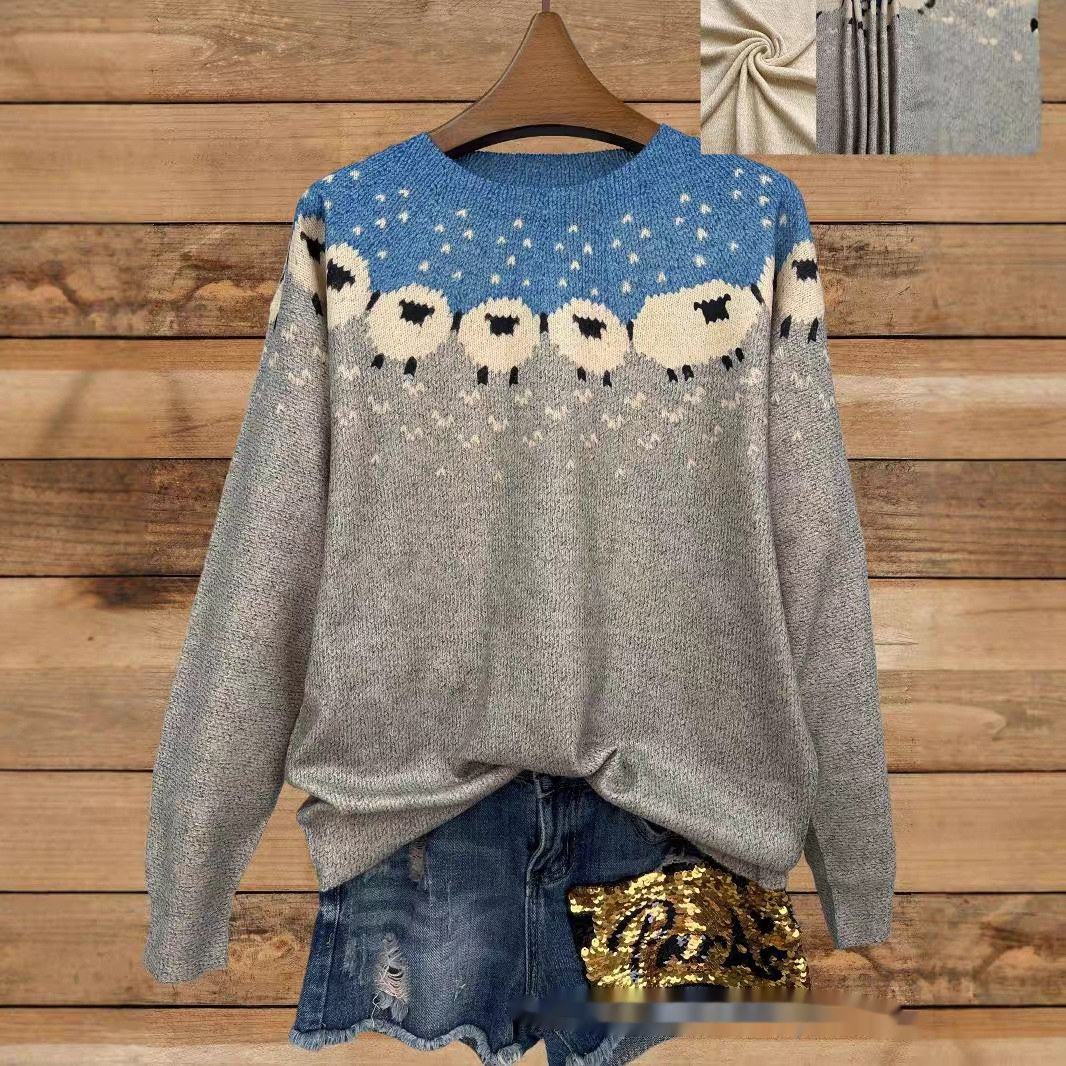 Title 2, Autumn Thin Printed Round Neck Long Sleeve Knit...