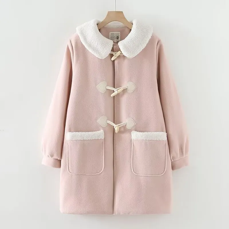 Winter Cashmere Lapel Thickening Quilted Love Wooden Buckle Coat Overcoat