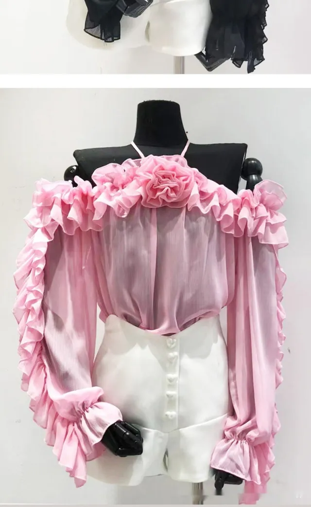 Chiffon Shirt Off shoulder Long Sleeve Top Rose - Shop at LoveMi