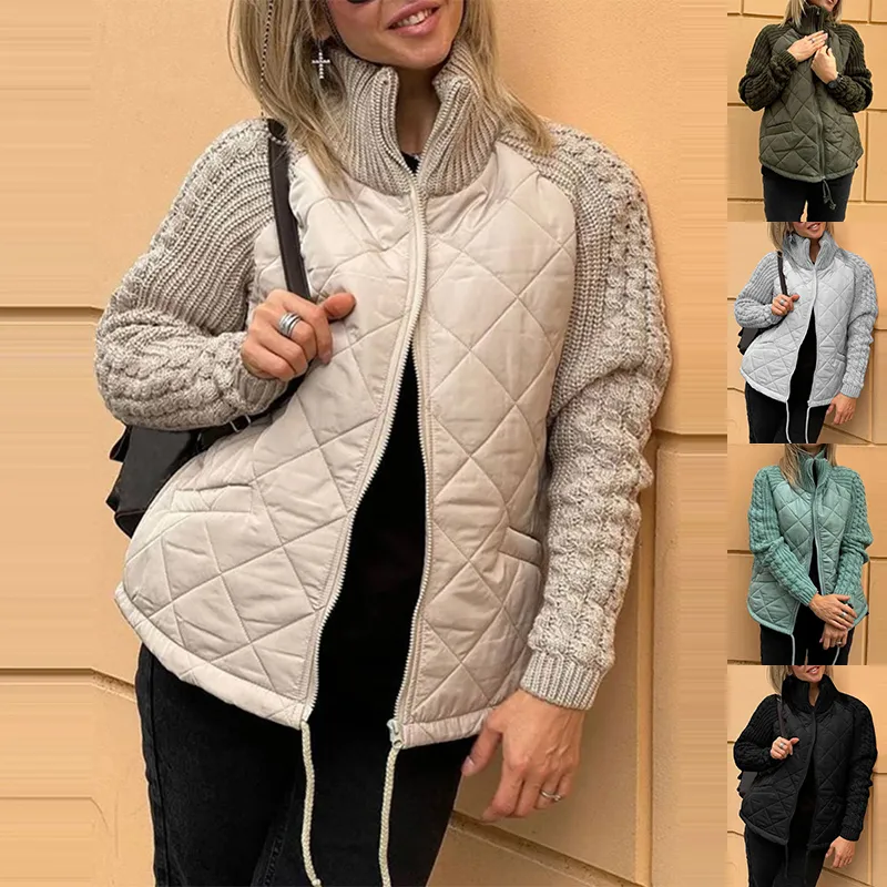 Winter Stand Collar Cotton Jacket With Pockets Fashion Knitted Stitching Zipper Coat Warm Tops For Women Clothing