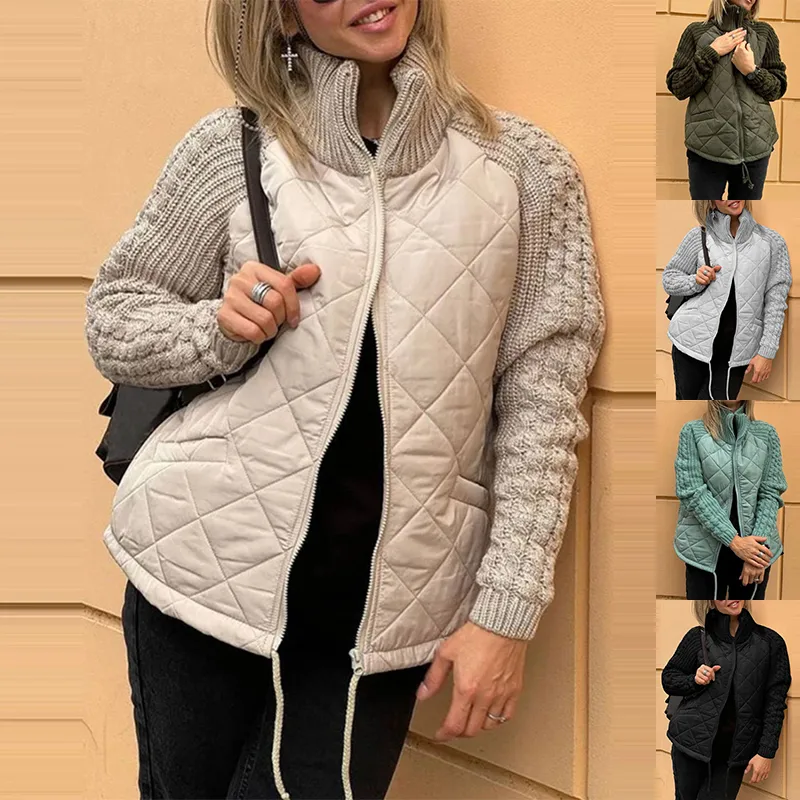 Winter Stand Collar Cotton Jacket with Pockets Fashion Knitted