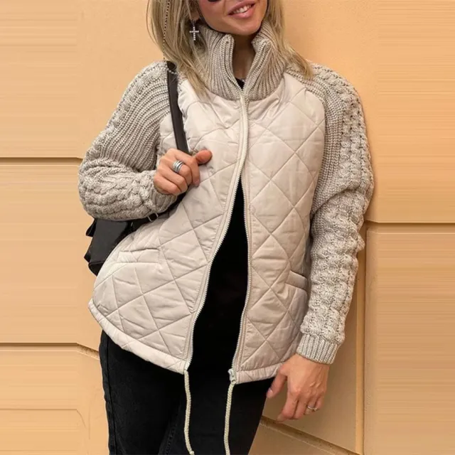 Winter Stand Collar Cotton Jacket With Pockets Fashion Knitted Stitching Zipper Coat Warm Tops For Women Clothing Tan - Shop at LoveMi