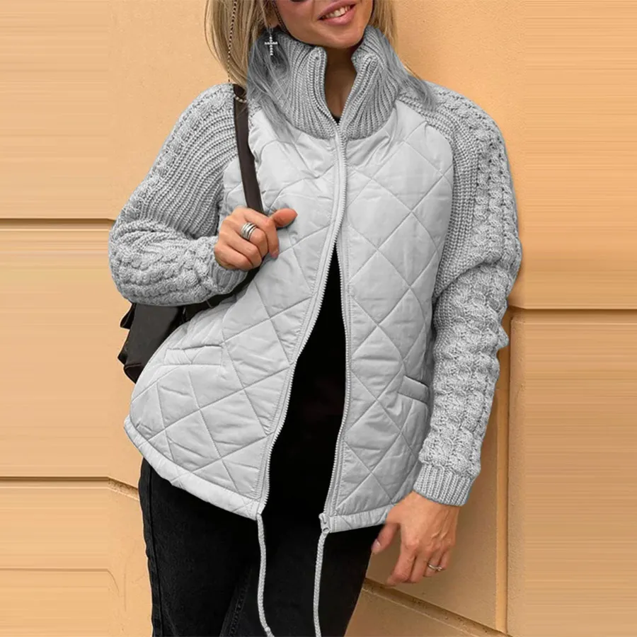 Winter Stand Collar Cotton Jacket With Pockets Fashion Knitted Stitching Zipper Coat Warm Tops For Women Clothing - Grey
