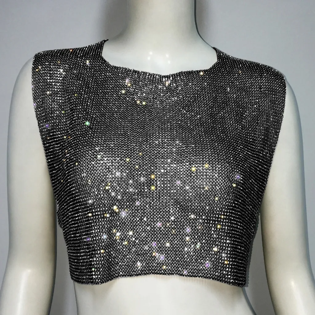 Women's Sleeveless Blouse Metal Rhinestone Backless - Black