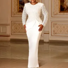 Elegant Lace Tassel Waist-controlled Long Sleeves Mop Dress - White - View 1