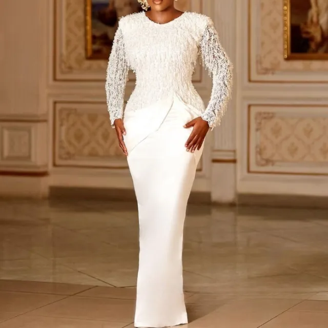 Elegant Lace Tassel Waist controlled Long Sleeves Mop Dress White - Shop at LoveMi
