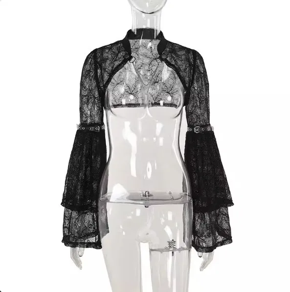 Slim fit Rose Stand Collar Sleeve Smock Top Black - Shop at LoveMi