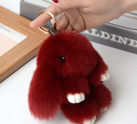 15cm Cute Pluff Bunny Keychain Rex Genuine Rabbit Fur Key Chains For Women Bag Toys Doll Fluffy Pom Pom Lovely Pompom Keyring - Wine Red