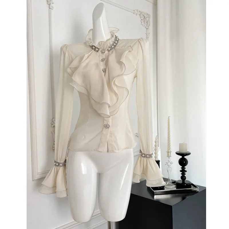 Exquisite Rhinestone White Shirt High-grade Chiffon Ruffle Top - White