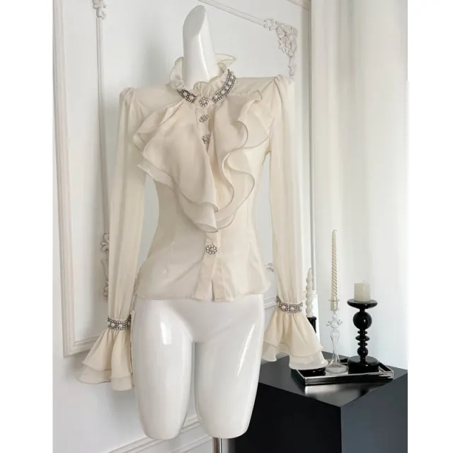 Exquisite Rhinestone White Shirt High grade Chiffon Ruffle Top White - Shop at LoveMi