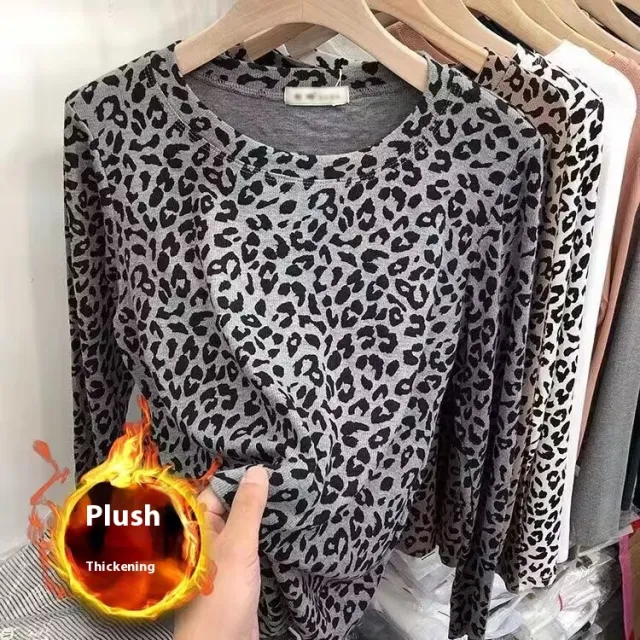 Fashionable Leopard Print Long Sleeve All match Round Neck Bottoming Shirt Gray Add Velvet - Shop at LoveMi