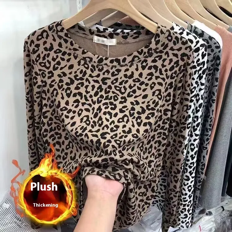 Fashionable Leopard Print Long Sleeve All-match Round Neck Bottoming Shirt - Khaki Add Velvet