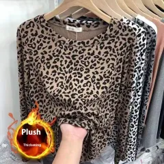Fashionable Leopard Print Long Sleeve All-match Round Neck Bottoming Shirt - Khaki Add Velvet - View 1
