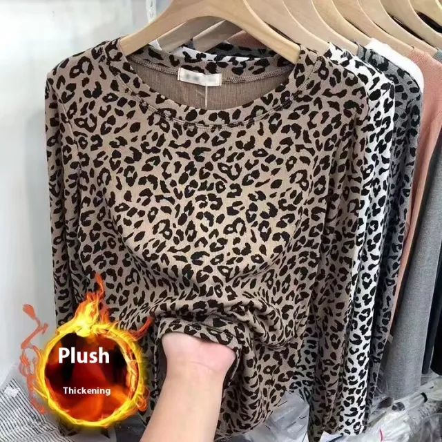 Fashionable Leopard Print Long Sleeve All match Round Neck Bottoming Shirt Khaki Add Velvet - Shop at LoveMi