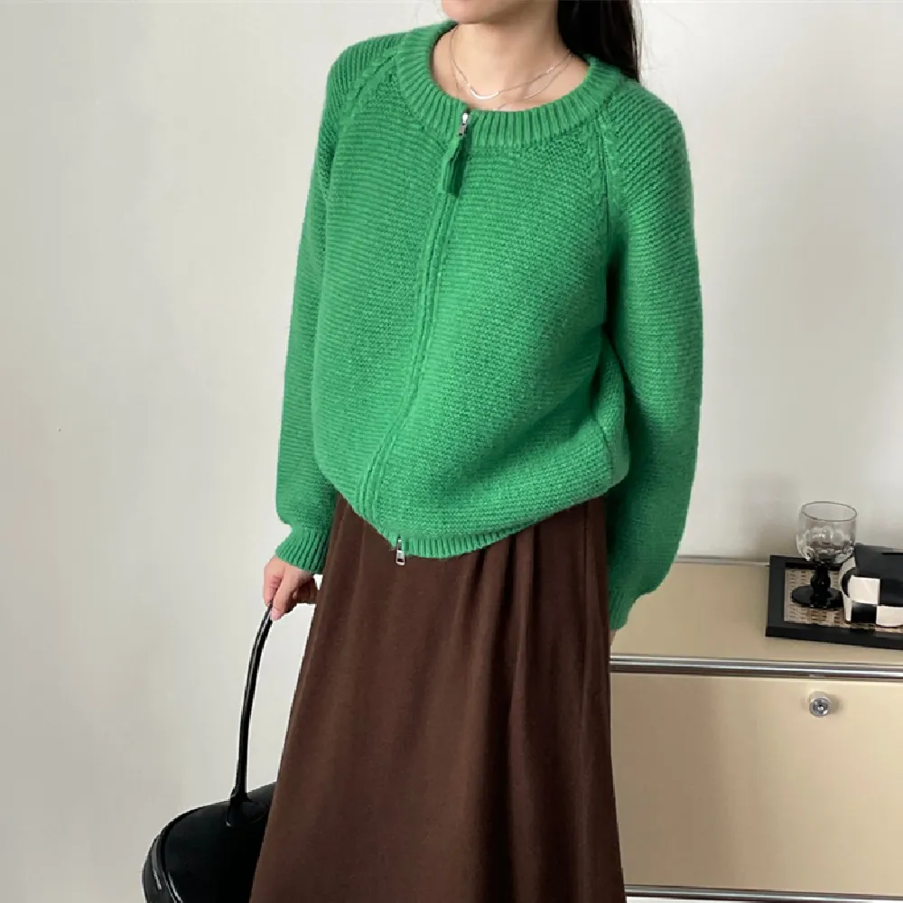 Sweater Double Zipper Sweater For Women Loose And Lazy Style Crew Neck Coat