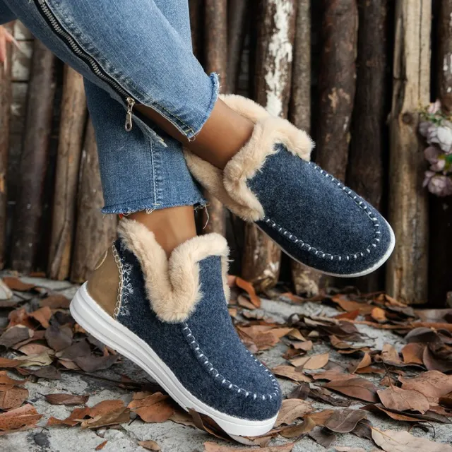 Fleece lined Thick Plush Boots Warm Sewing Flat Cotton Shoes Winter Ankle Boot Blue - Shop at LoveMi