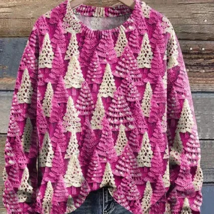 Christmas Round Neck Sweater 3D Digital Printed Loose Long Sleeves Pink - Shop at LoveMi