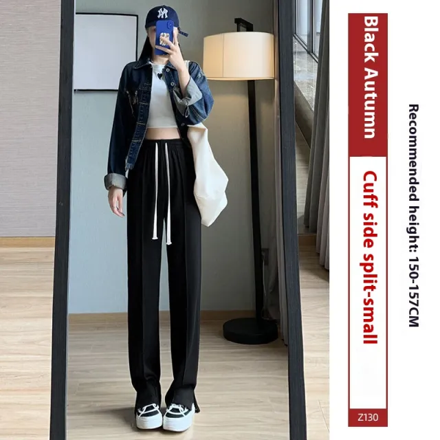 Sports Straight Loose Casual Slit Wide Leg Pants Black Ninth - Shop at LoveMi