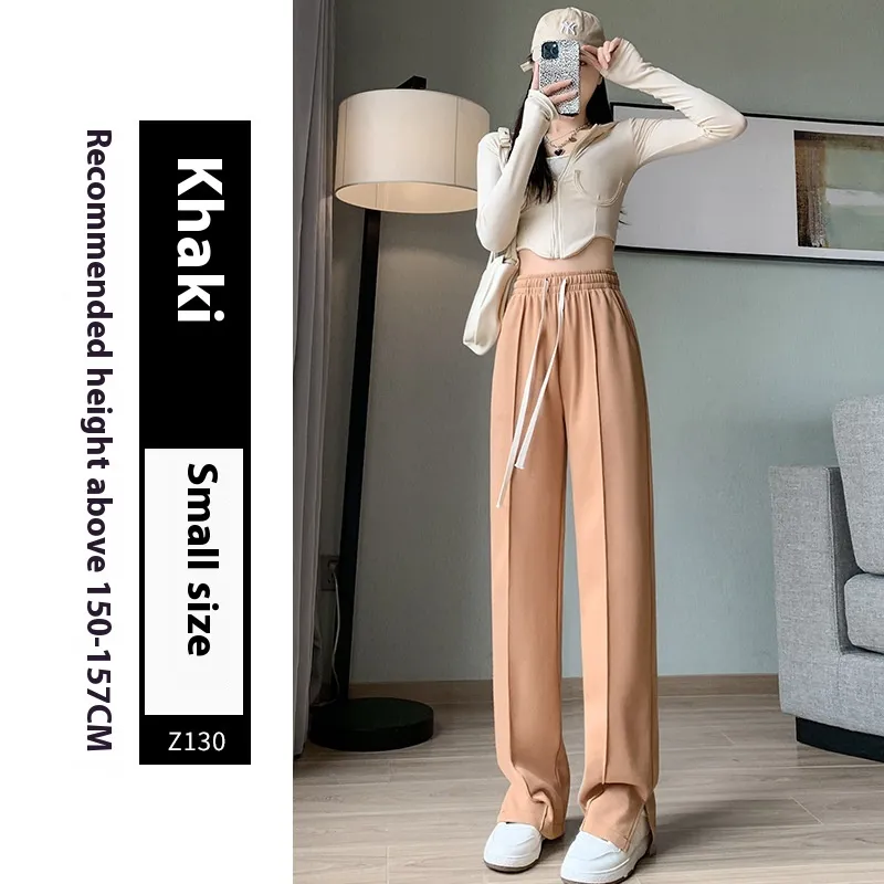 Sports Straight Loose Casual Slit Wide Leg Pants - Cropped Pants In Khaki Color