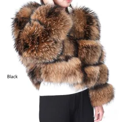 Warm Short Raccoon Fur Women's Clothing Leather Fur Coat - Black - View 1