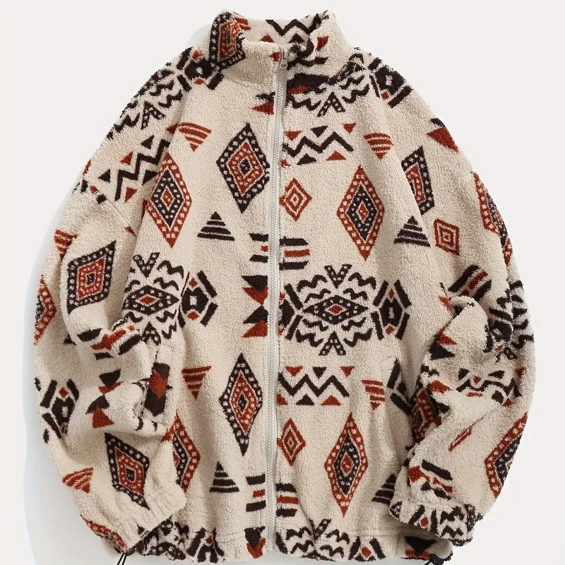 Ethnic Printed Ultra-fine Polar Fleece Plush Coat - Apricot