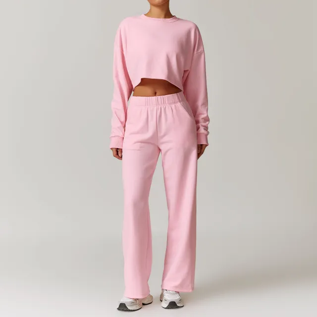 Autumn And Winter Leisure Sports Suit Women's High Waist Wide Leg Cherry Blossom Powder - Shop at LoveMi