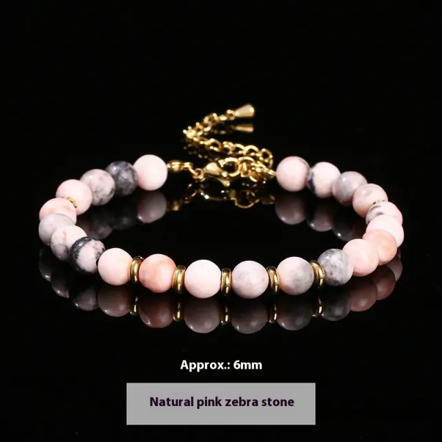 7A Natural Black Agate Crystal Round Beads Stainless Steel Bracelet Natural Pink Zebra Stone - Shop at LoveMi