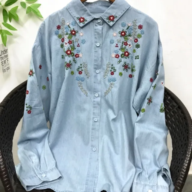 Japanese Mori Girl Washed Handmade Vintage Embroidery Cotton Denim Shirt Light Blue - Shop at LoveMi
