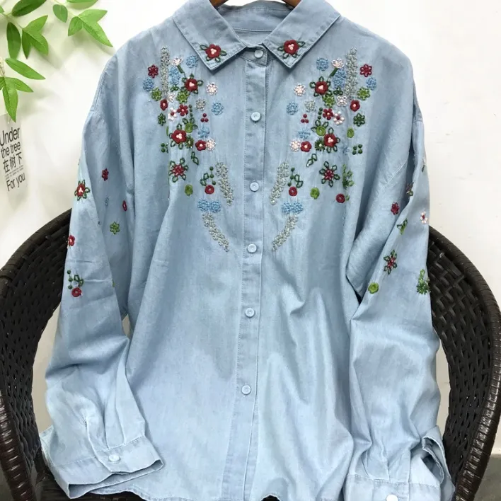 Japanese Mori Girl Washed Handmade Vintage Embroidery Cotton Denim Shirt - Light Blue