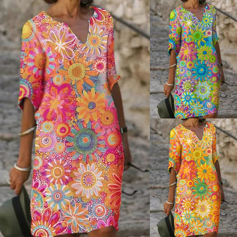 Printed V-neck Five-point Sleeve Multicolor Mid-length Dress