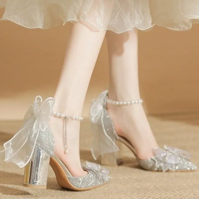 Bow Beaded Pointed Low cut High Heels Silver - Shop at LoveMi