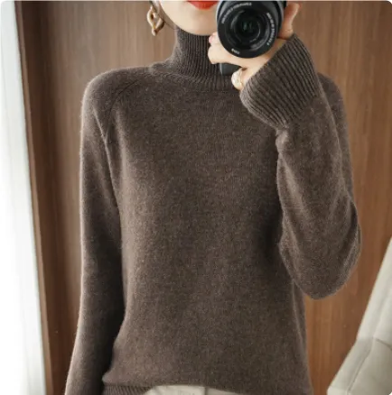 Women's Half Turtleneck Beige Sweater Dark Coffee - Shop at LoveMi