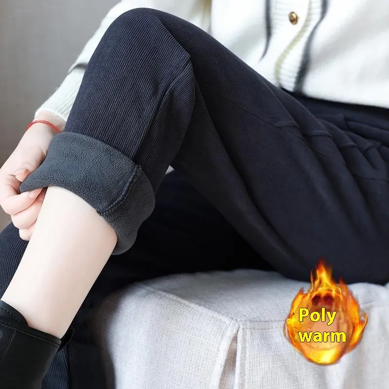 Velvet Padded Casual Pants Slimming And Fashionable High Waist Warm Trousers - Gray