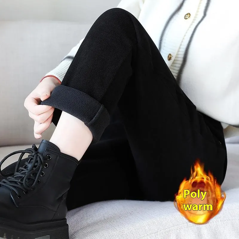 Velvet Padded Casual Pants Slimming And Fashionable High Waist Warm Trousers - Black