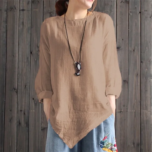 Autumn New Pure Color Artistic Irregular Hem Bottoming Cotton And Linen Top Khaki - Shop at LoveMi