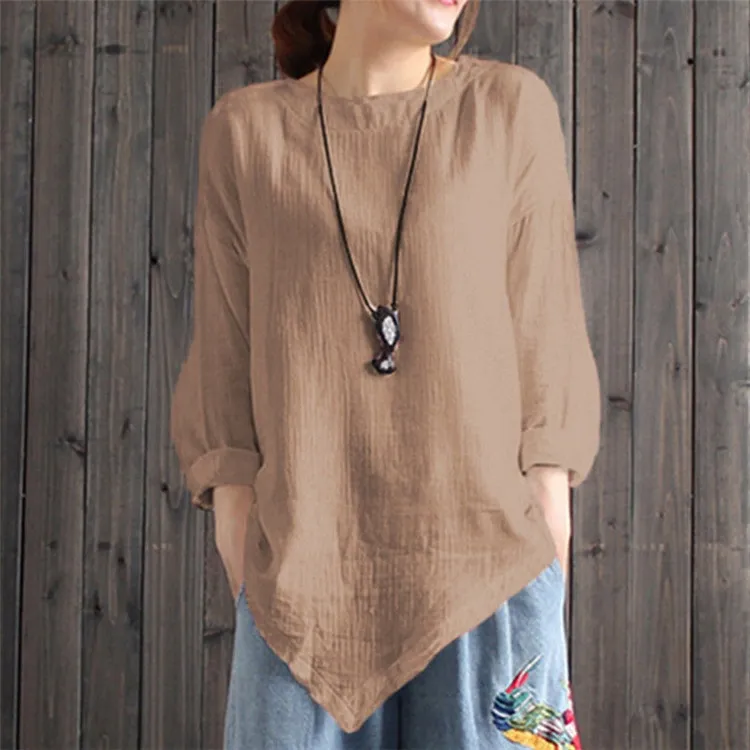 Autumn New Pure Colour Artistic Irregular Hem Bottoming Cotton And Linen Top - Khaki