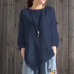Autumn New Pure Colour Artistic Irregular Hem Bottoming Cotton And Linen Top - Blue - View 1