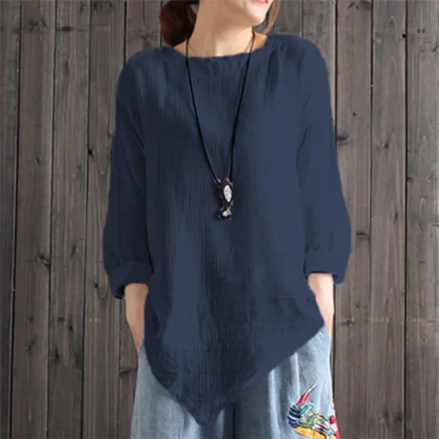 Autumn New Pure Color Artistic Irregular Hem Bottoming Cotton And Linen Top Blue - Shop at LoveMi