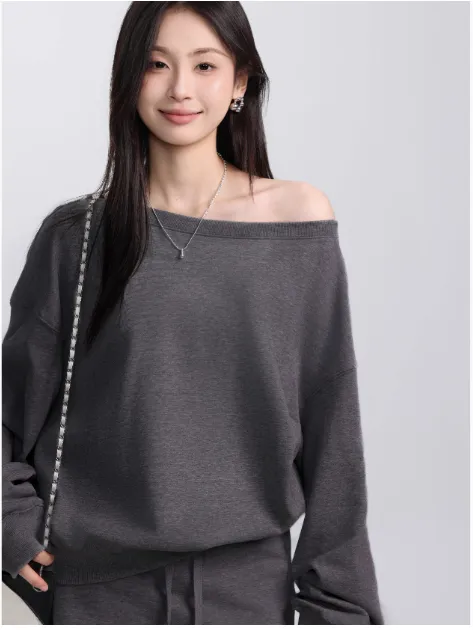 Early Autumn Slant Shoulder Long Sleeve Sweater Slimming Skirt Pants Dark Gray - Shop at LoveMi
