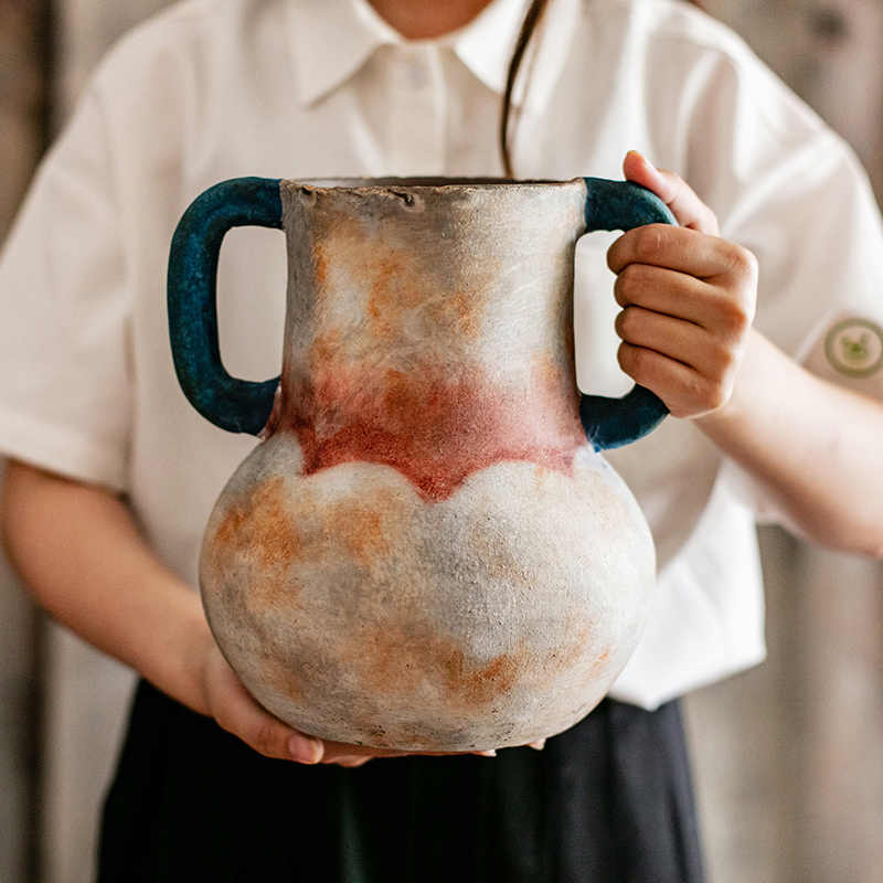 Handmade binaural stoneware vase vintage art decoration