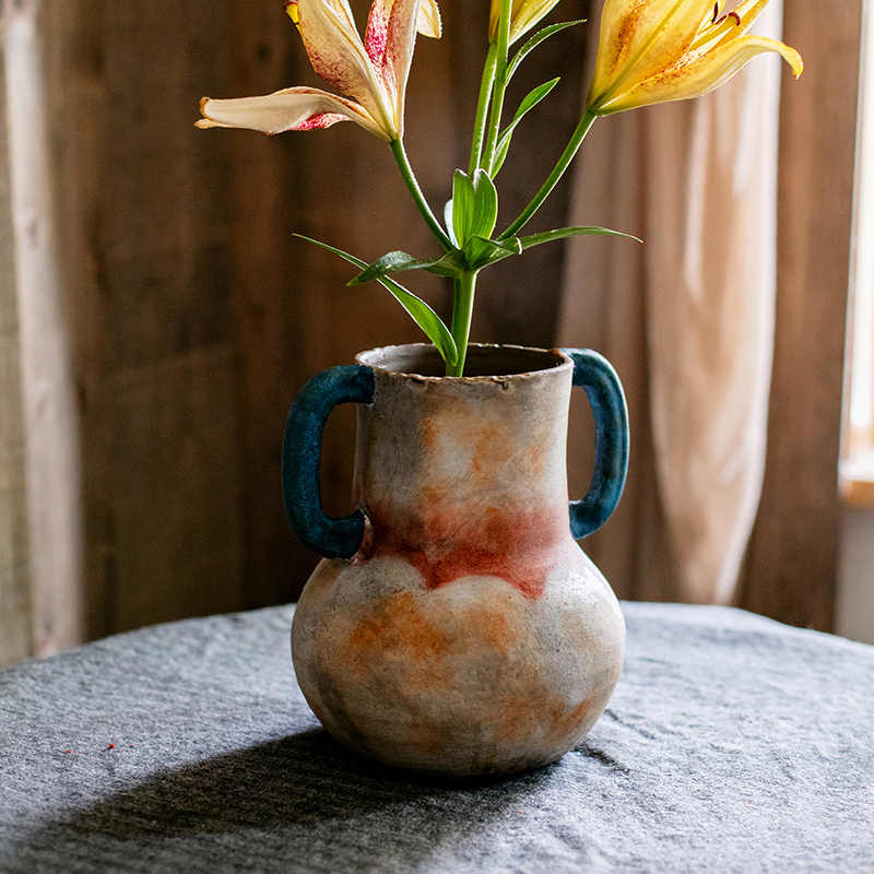 Handmade binaural stoneware vase vintage art decoration