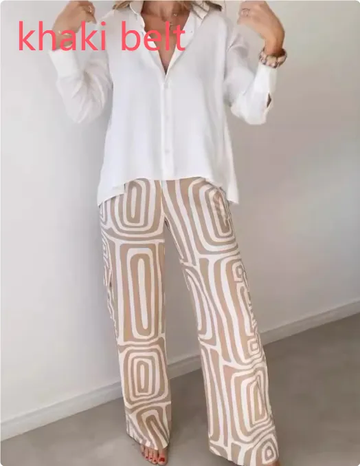 Women's Casual Long sleeved Lapel Shirt Printed Wide leg Pants Suit Khaki Belt - Shop at LoveMi