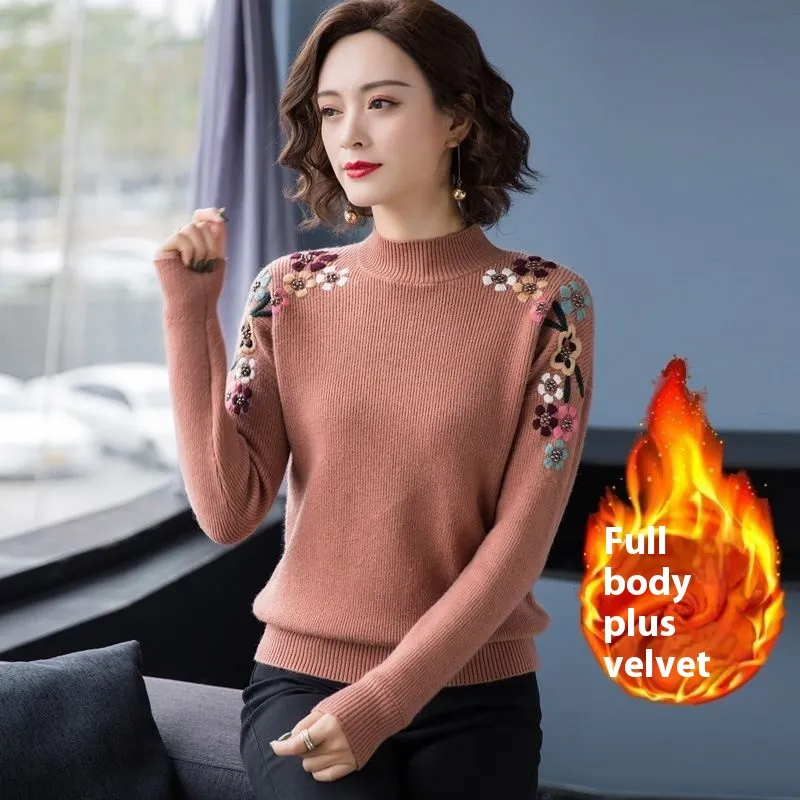 Popular Embroidery Women's New Loose High Collar Bottoming Shirt - Leather Pink Add Velvet