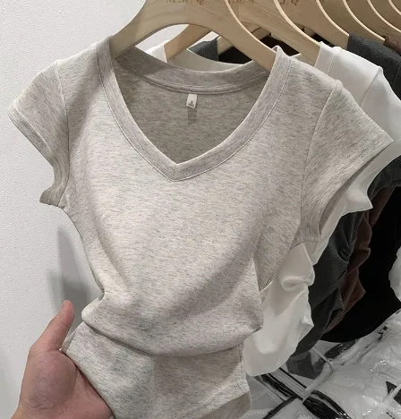 Sweet Cool Style Short sleeved T shirt Women's V neck Shoulder Slim Fit Slimming Light Gray - Shop at LoveMi