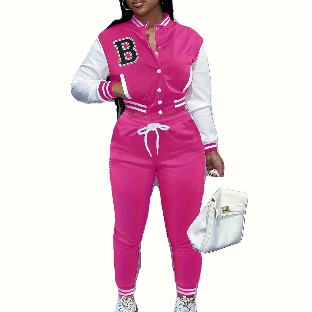 Letter Color Matching Jacket Single-breasted Letter Printed Baseball Uniform Sports Suit - Rose Red
