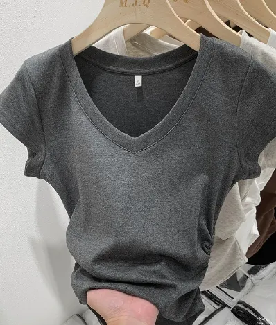Sweet Cool Style Short-sleeved T-shirt Women's V-neck Shoulder Slim Fit Slimming - Dark Gray
