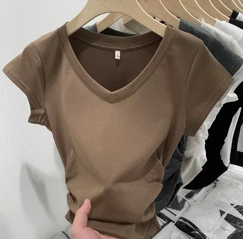 Sweet Cool Style Short sleeved T shirt Women's V neck Shoulder Slim Fit Slimming Brown - Shop at LoveMi